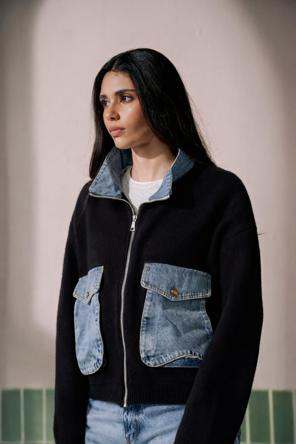 Alba Knit & Denim Jacket - Black