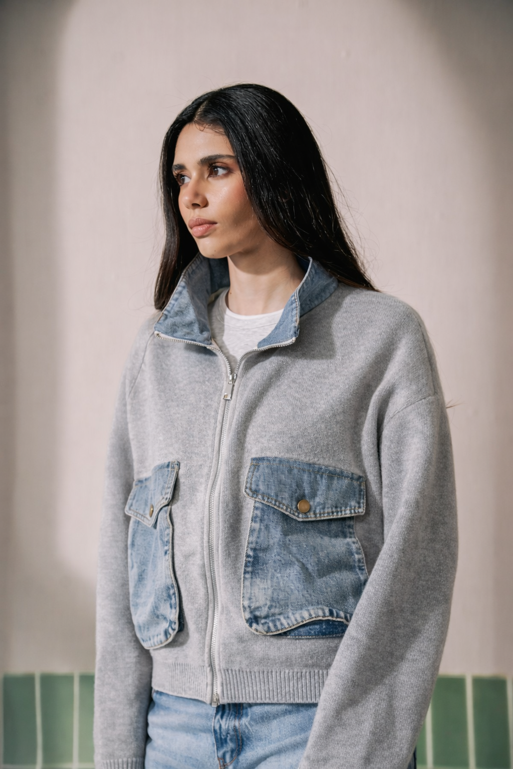 Alba Knit & Denim Jacket - Grey