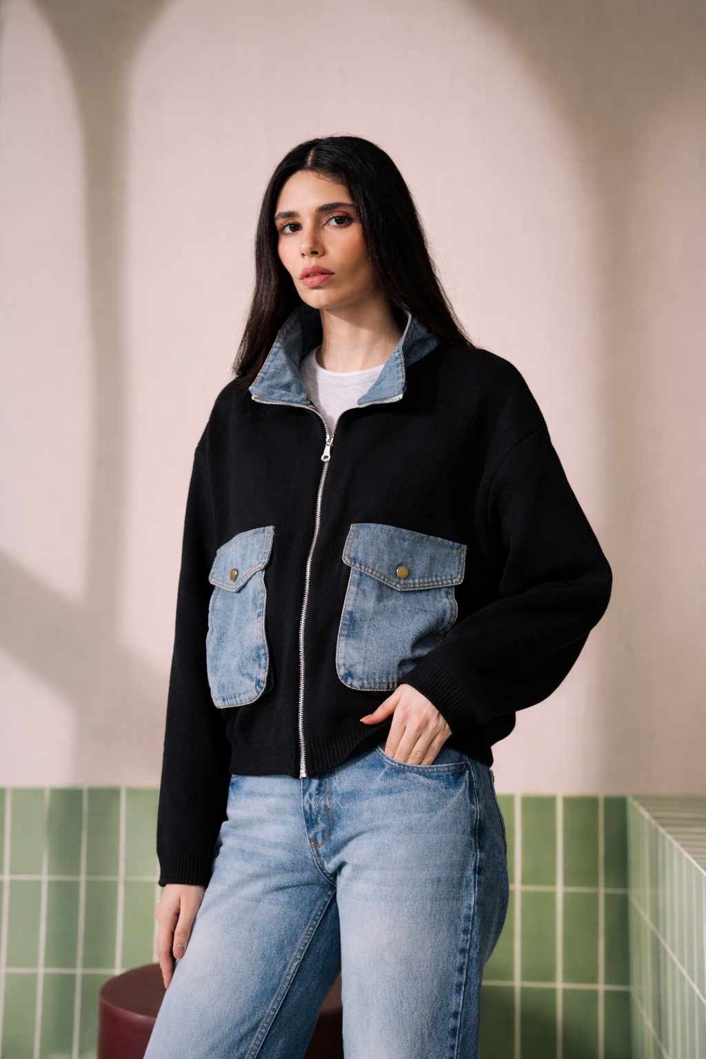 Alba Knit & Denim Jacket - Black