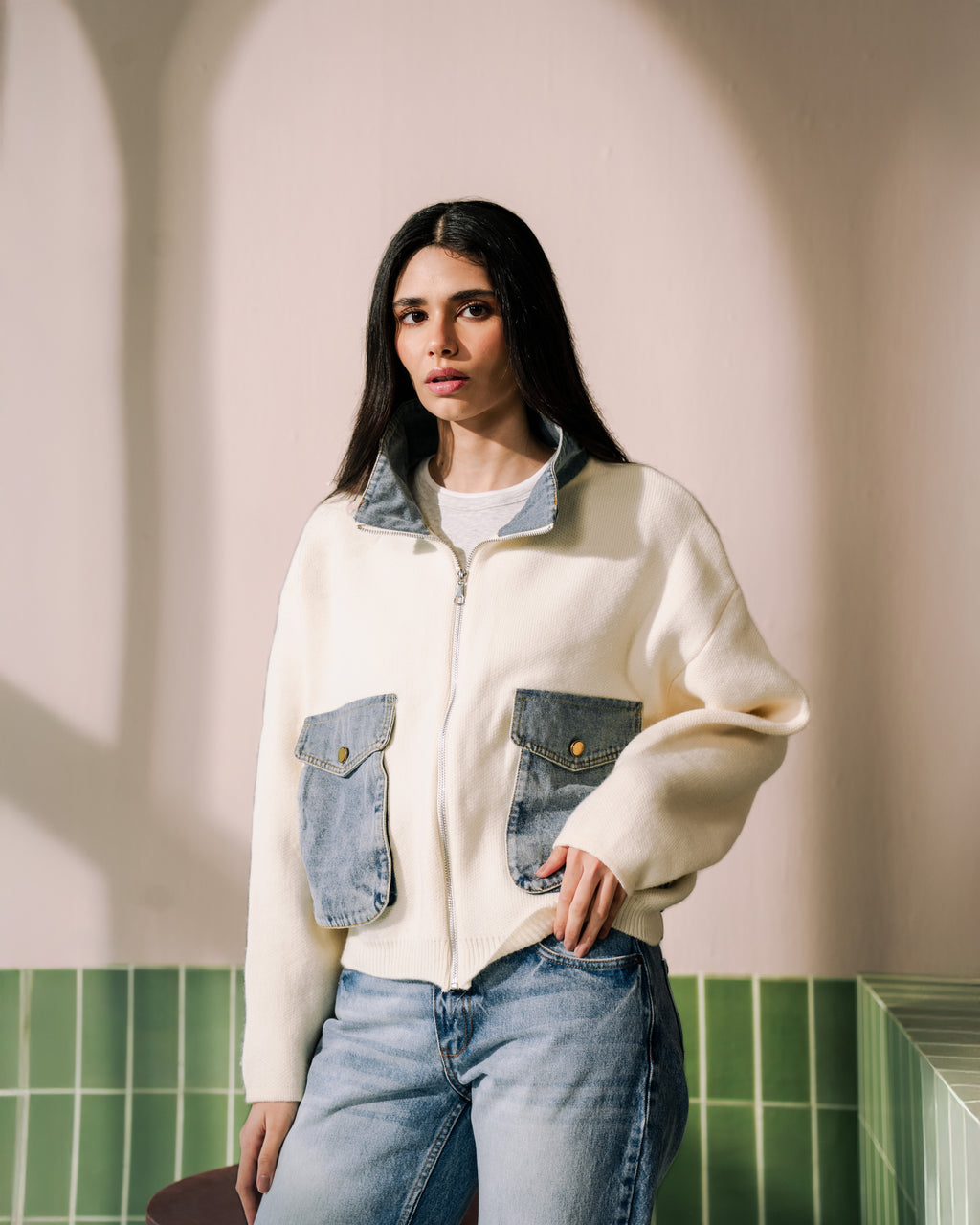 Alba Knit & Denim Jacket - White