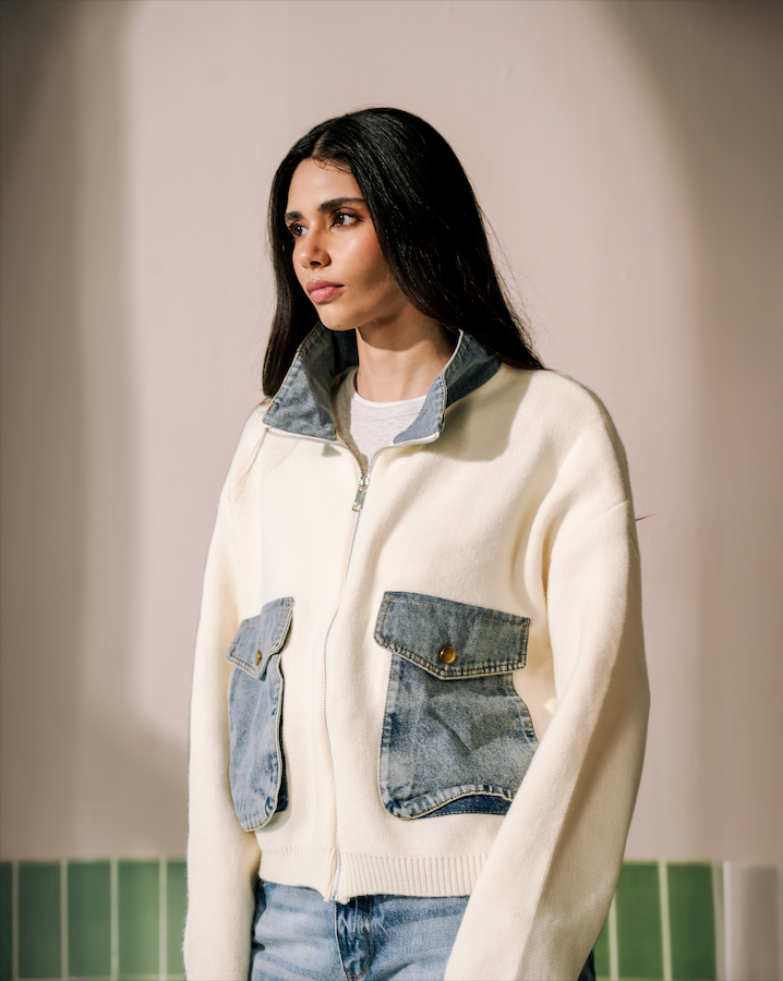 Alba Knit & Denim Jacket - White